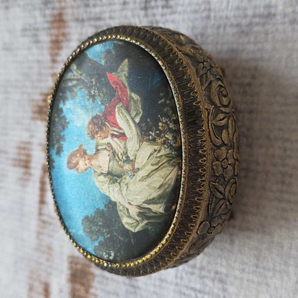 Antique Japan Trinket Box Silk Boucher Landscape Tintype Hair Mourning Chain - Picture 3 of 16